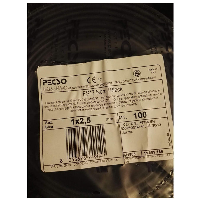 Pecso, Cavo Unipolare 2.5 mmq, Nero, FS17, Rame Ricotto