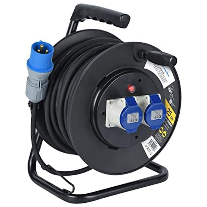 Electraline, Avvolgicavo Industriale, 25 m, 2 Prese IEC, Spina CEE, Per Camper, Nero-Blu