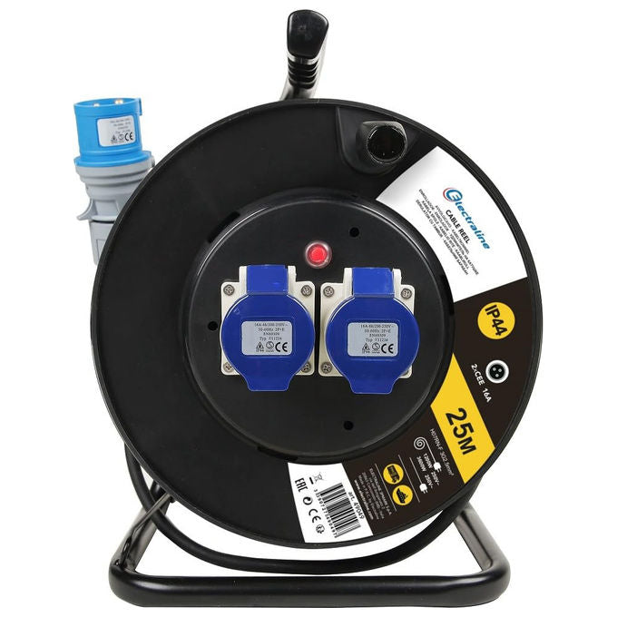 Electraline, Avvolgicavo Industriale, 25 m, 2 Prese IEC, Spina CEE, Per Camper, Nero-Blu