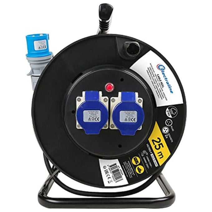 Electraline, Avvolgicavo Industriale, 25 m, 2 Prese IEC, Spina CEE, Per Camper, Nero-Blu