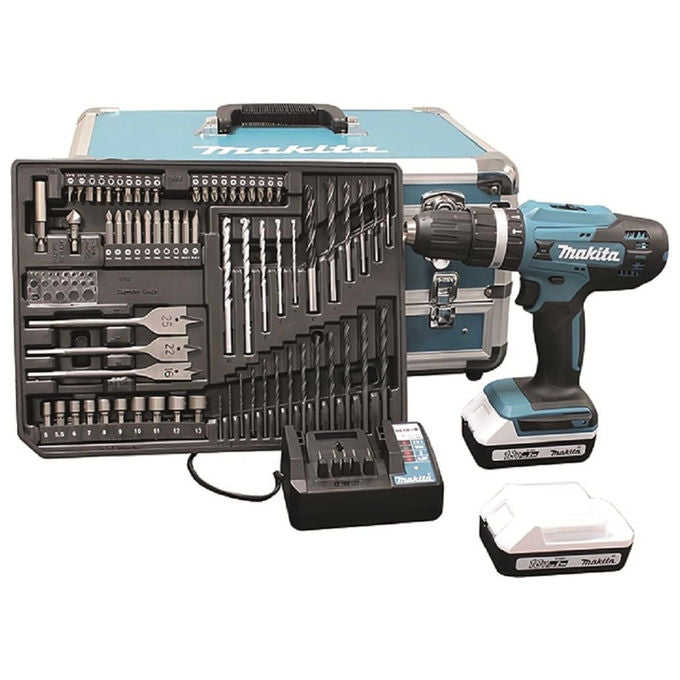 Makita, Trapano Avvitatore a Percussione 18V, 2 Batterie 2Ah, Valigetta Alluminio con 70 Accessori