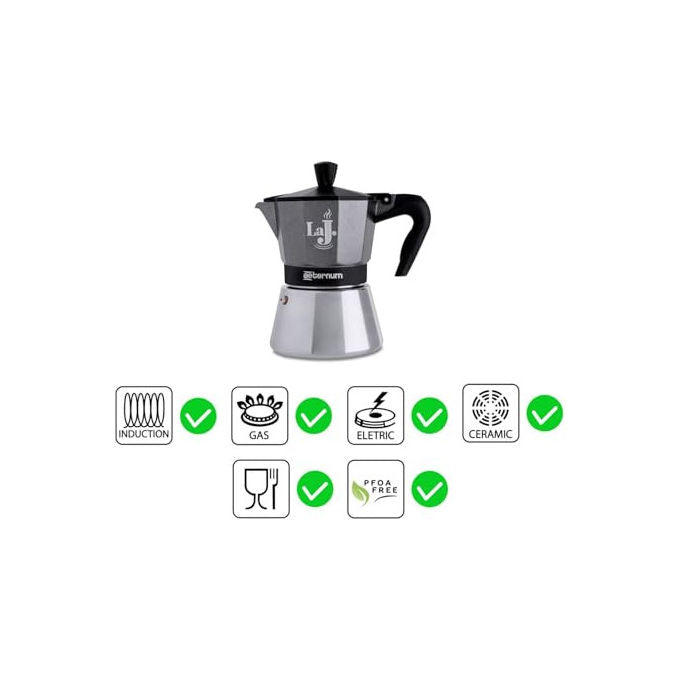 Aeternum, LaJ Espresso Induction, Caffettiera 3 Tazze, Alluminio e Acciaio Inox, Grigio e Nero