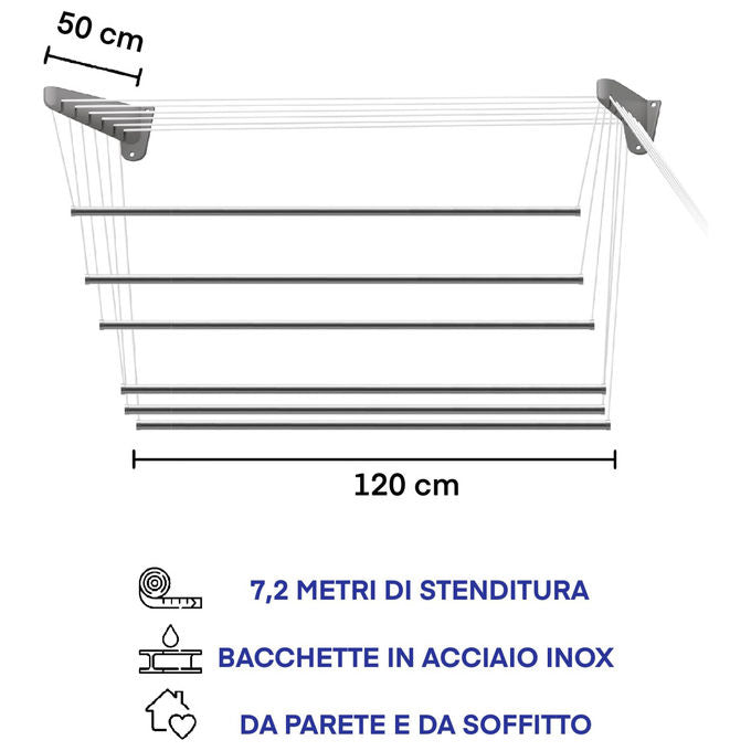 Jumbo CS106-2 InoxSteed120 Stendino a Parete Soffitto Acciaio Inossidabile 120 cm Sistema Saliscendi 6 Bacchette 7.2 m Made in Italy