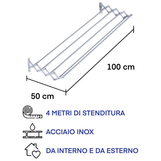 Jumbo, Stendibiancheria a Soffietto Inox, 100 cm, da Parete, Salvaspazio