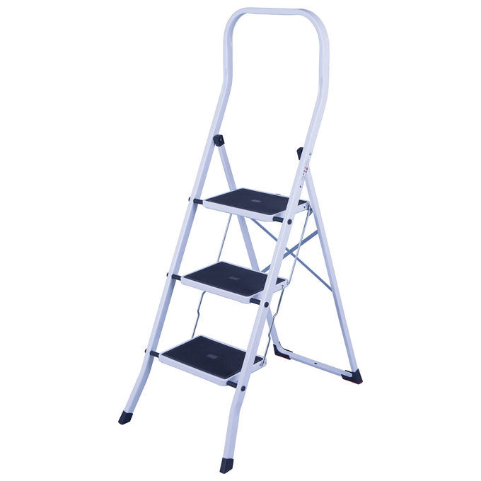 Vigor, Sgabello Acciaio Bianco a 3 Gradini, Antiscivolo, Portata 150 kg