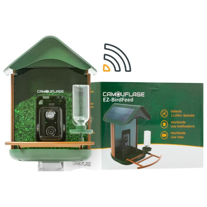 Camouflage, Mangiatoia Uccelli WiFi, Telecamera HD, Visione Notturna, Rilevamento Intelligente, EZ Birdfeed