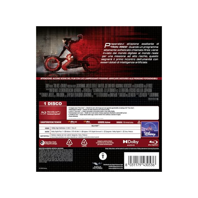 Tron Ares, Blu-ray, Disney, Area 2, Durata 119 minuti