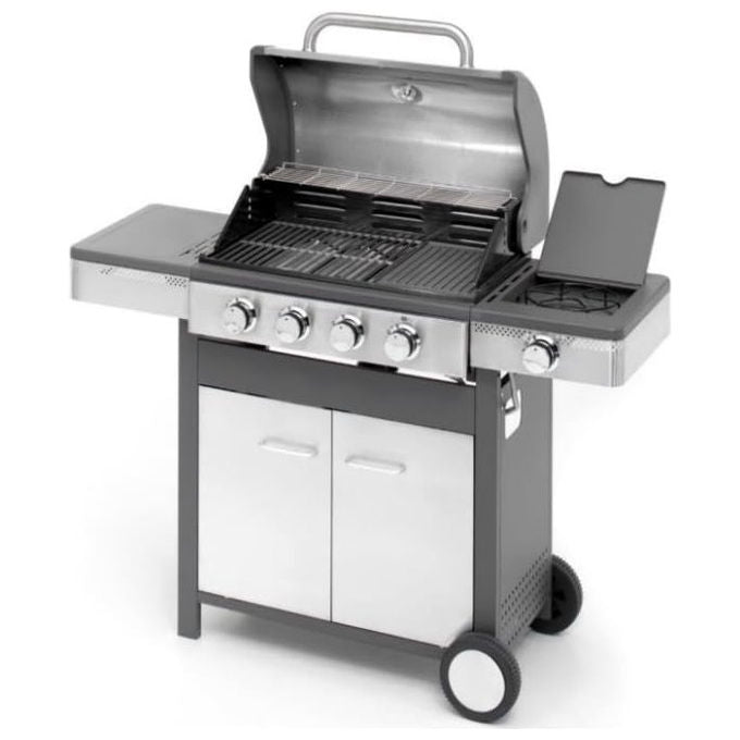 Ompagrill Barbecue a Gas Inox 4 Bruciatori con Fornello Laterale Termometro Griglia Ghisa Smaltata 133x58x115.5 cm