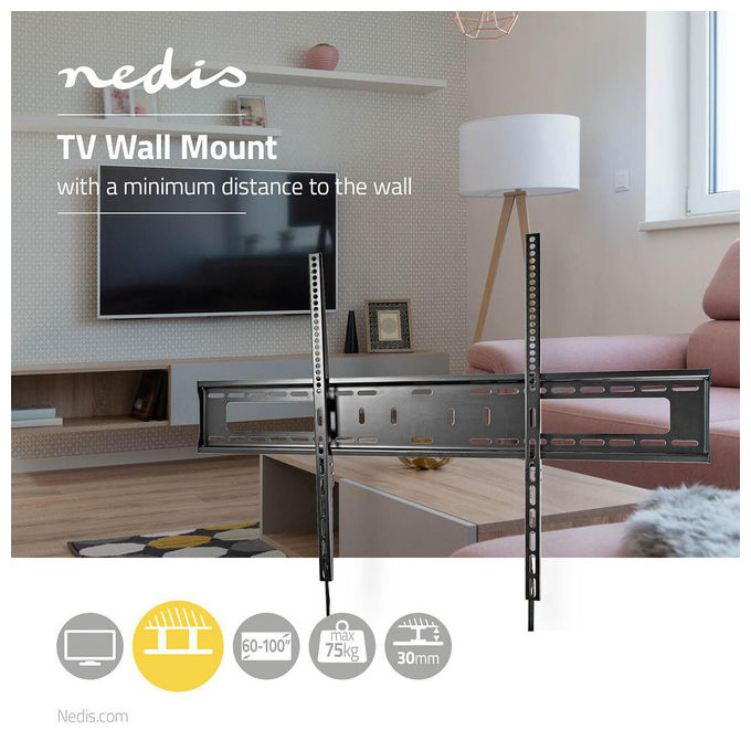 Nedis, Supporto TV, 60-100 pollici, Fisso, Nero, Acciaio, Metallo