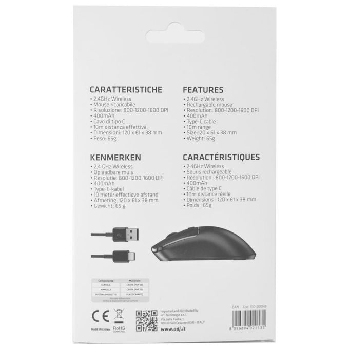 Adj, Mouse Wireless, Ricaricabile Type-C, 1600 DPI, 3 Tasti, PlugandPlay