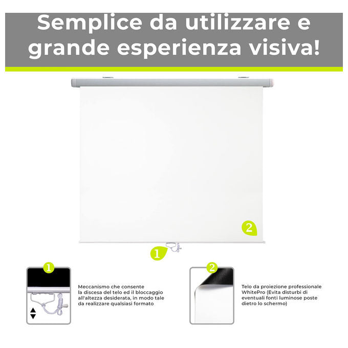 Gainup, Schermo Proiettore Manuale, 200x200 cm, A Molla, Telo Bianco Ottico
