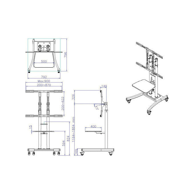 Value, Supporto Display Espositivo, 81-254 cm, 125 kg, Nero, Carrello Mobile TV