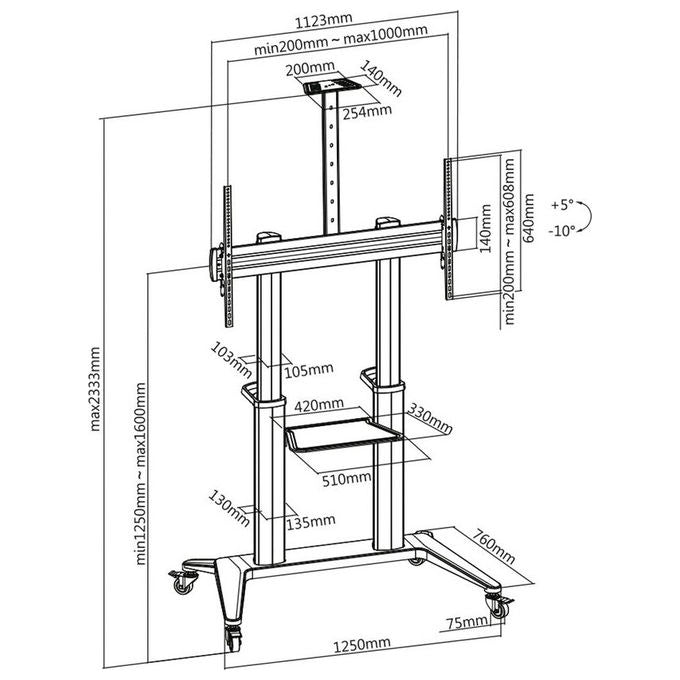 Roline, Carrello multimediale nero, 70-120 pollici, Supporto mobile LCD-TV, 140 kg