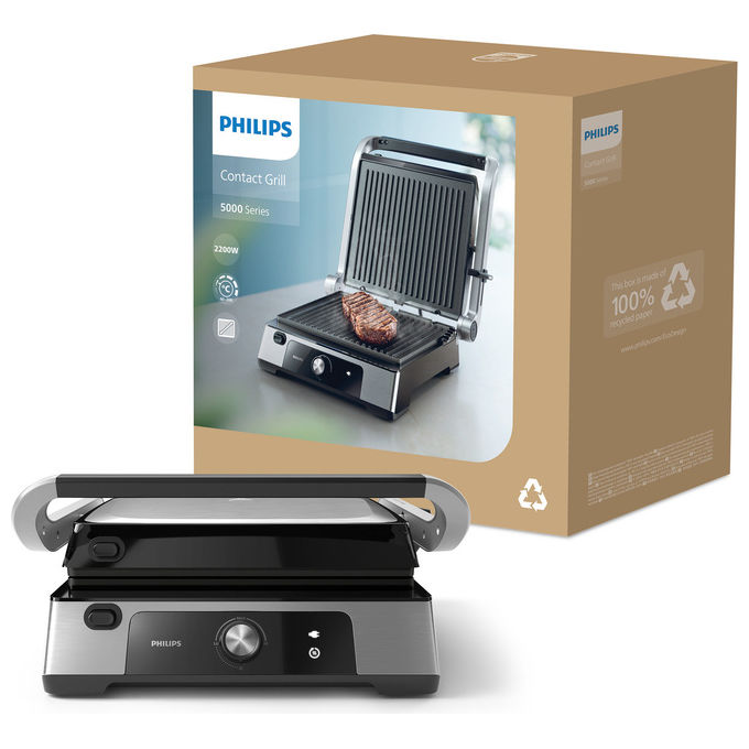 Philips HD6301-90 Serie 5000 Grill Elettrico Bistecchiera 2200W Apertura 180° Piastre Rimovibili colore Nero