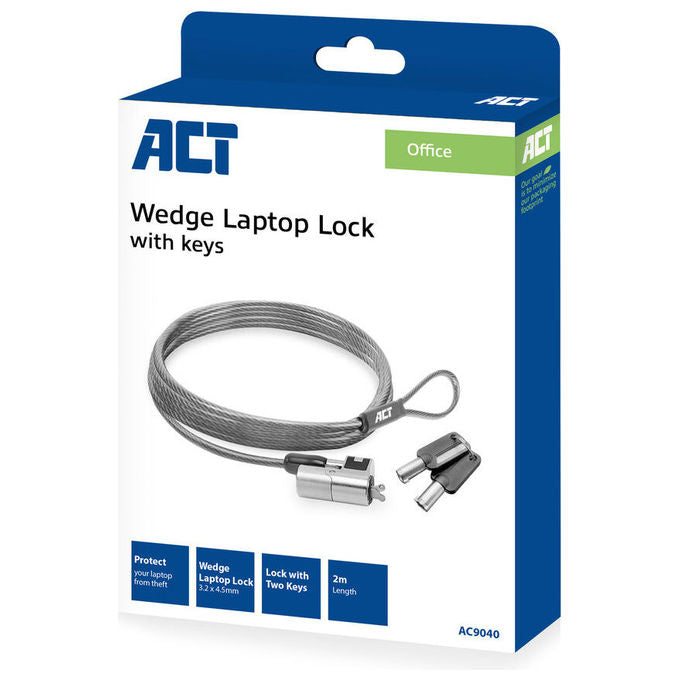 ACT Cavo di Sicurezza Metallico 2 m Blocco Laptop Wedge con Chiavi