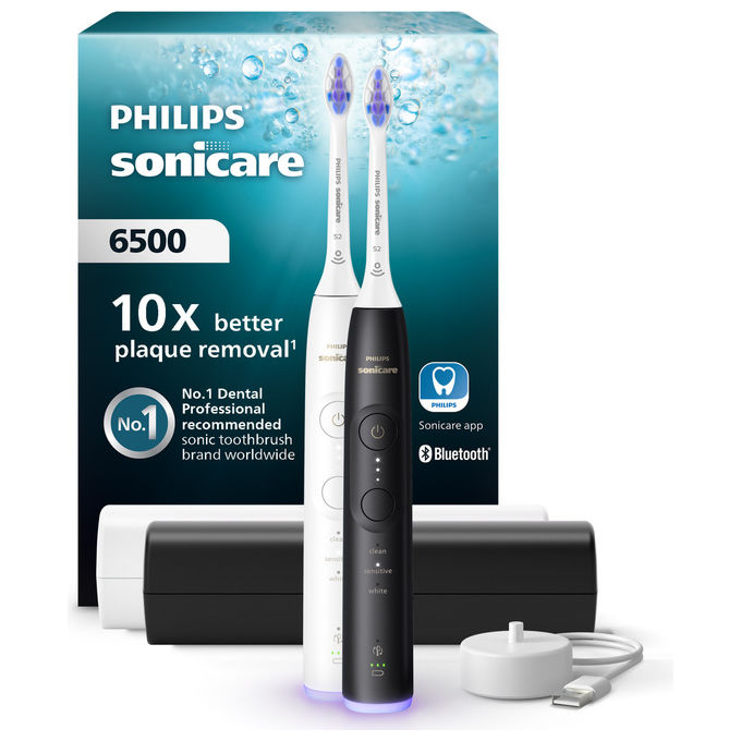 Philips, Spazzolino Elettrico Sonico, 3 Modalita', 3 Intensita', Set Bianco e Nero con Custodia, HX7419-01