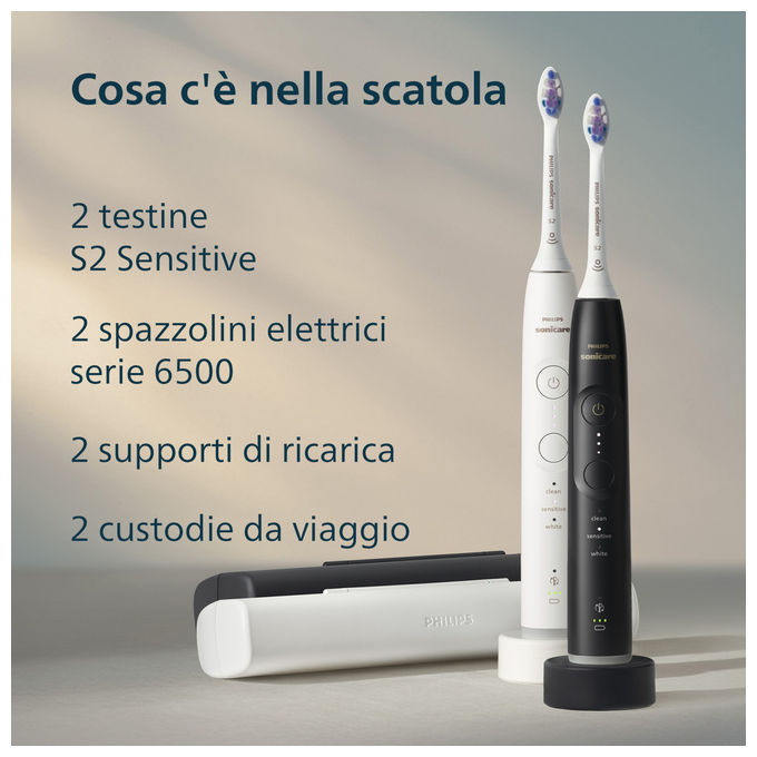 Philips, Spazzolino Elettrico Sonico, 3 Modalita', 3 Intensita', Set Bianco e Nero con Custodia, HX7419-01