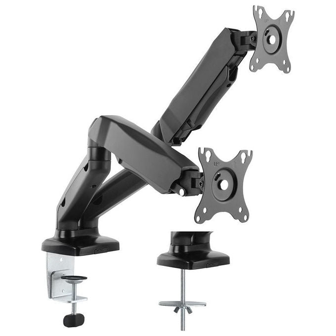 Value, Supporto Monitor Doppio, 12-27'', Pneumatico, Morsetto Scrivania, Nero