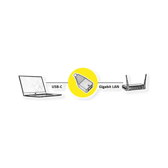 Roline, Convertitore USB Tipo-C a RJ-45, Gigabit Ethernet, Nero Oro