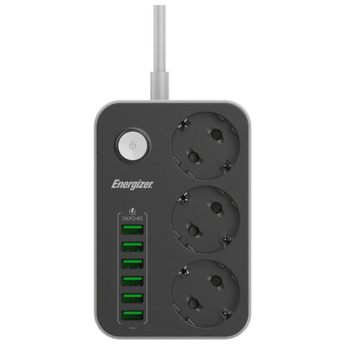 Energizer, Multipresa 3 Schuko, 6 USB, 2m, Bianca e Nera