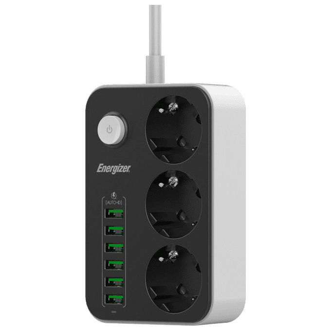 Energizer, Multipresa 3 Schuko, 6 USB, 2m, Bianca e Nera