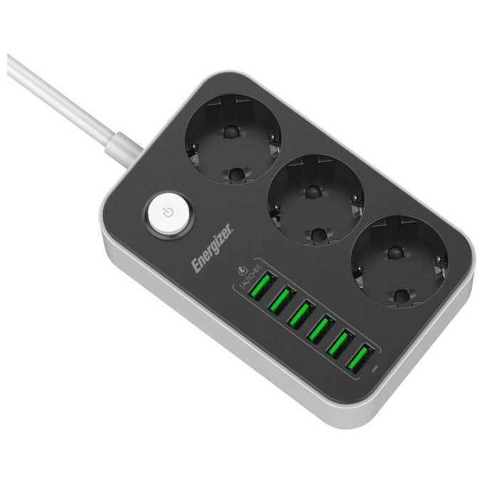Energizer, Multipresa 3 Schuko, 6 USB, 2m, Bianca e Nera