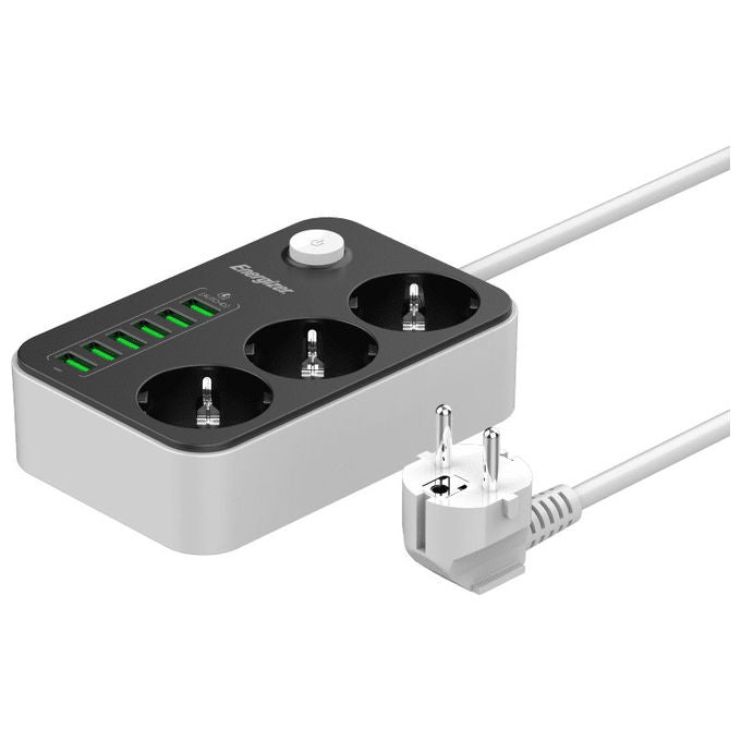 Energizer, Multipresa 3 Schuko, 6 USB, 2m, Bianca e Nera