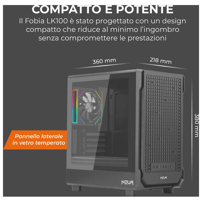 Noua, Case PC Gaming micro-ATX Micro Tower, Ventola Led ARGB 120 mm, USB 3.0, Nero