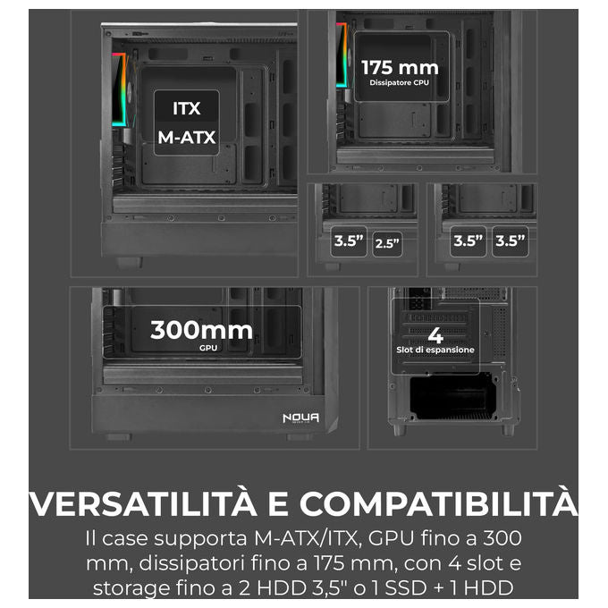 Noua, Case PC Gaming micro-ATX Micro Tower, Ventola Led ARGB 120 mm, USB 3.0, Nero