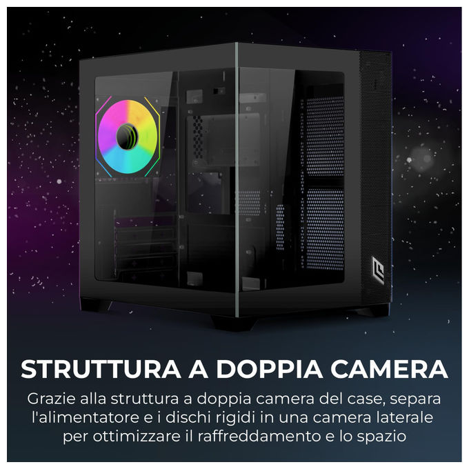 Noua, Case Micro ATX PC Gaming Mini Tower ZK100 Vision, Nero, Doppia Camera, Vetro Temperato