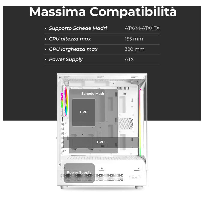 Noua, Case Gaming ATX Compatto Bianco, Vetro Temperato, USB 3.0 e Type-C