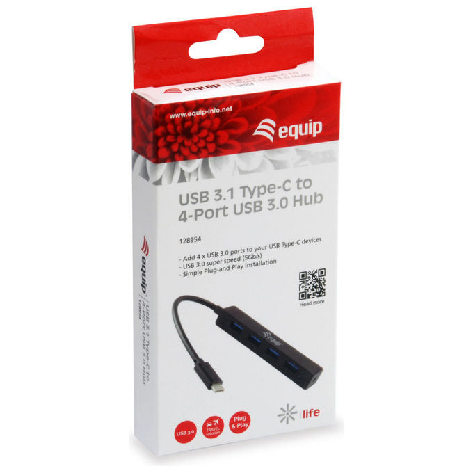 Equip, Hub USB-C a USB 3.0, 4 porte, Nero, Plastica