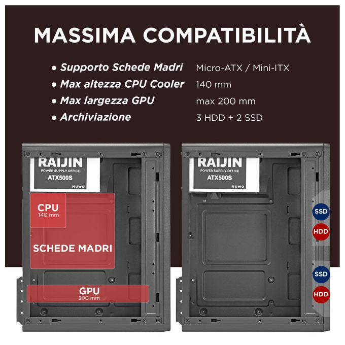 Nuwo, Case PC MicroATX, Alimentatore 500W, Mini Tower, USB 3.0, Nero