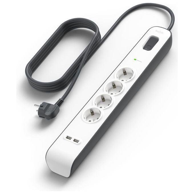 Belkin, Ciabatta Multipresa con USB, 4 Prese, 2 Porte USB-A, Cavo 2 m, Protezione Sovratensioni