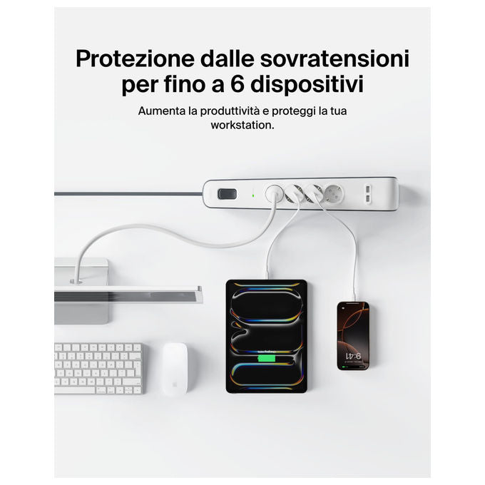 Belkin, Ciabatta Multipresa con USB, 4 Prese, 2 Porte USB-A, Cavo 2 m, Protezione Sovratensioni