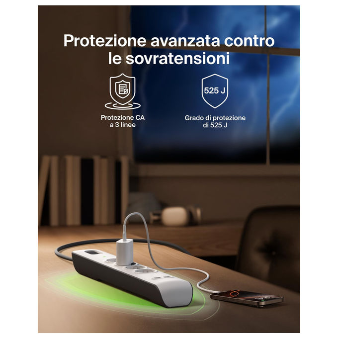 Belkin, Ciabatta Multipresa con USB, 4 Prese, 2 Porte USB-A, Cavo 2 m, Protezione Sovratensioni