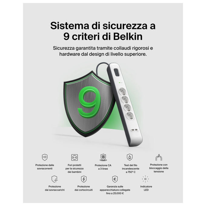 Belkin, Ciabatta Multipresa con USB, 4 Prese, 2 Porte USB-A, Cavo 2 m, Protezione Sovratensioni