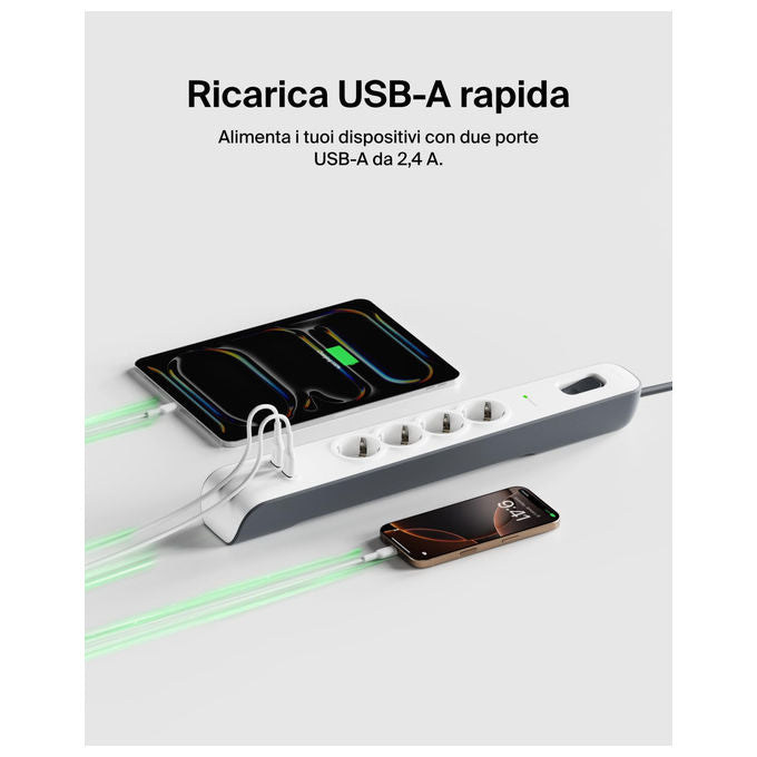 Belkin, Ciabatta Multipresa con USB, 4 Prese, 2 Porte USB-A, Cavo 2 m, Protezione Sovratensioni