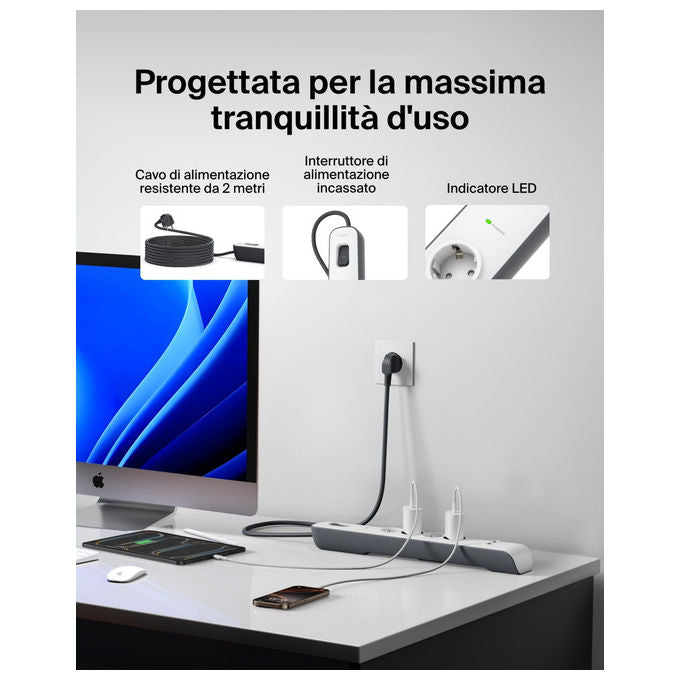 Belkin, Ciabatta Multipresa con USB, 4 Prese, 2 Porte USB-A, Cavo 2 m, Protezione Sovratensioni