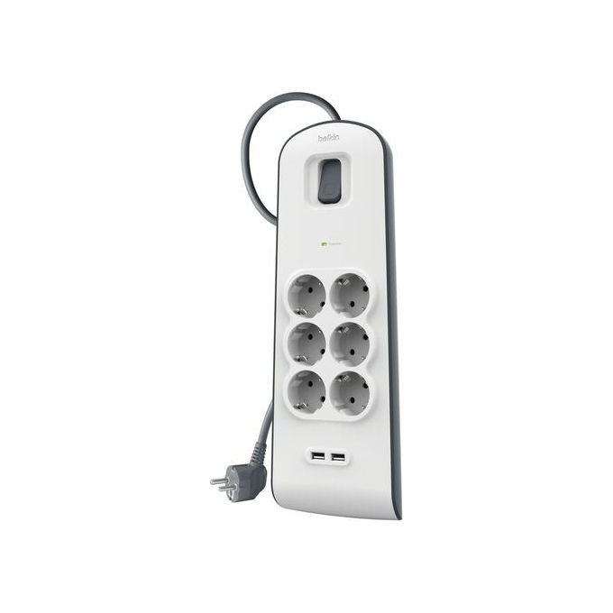 Belkin, Multipresa con Protezione Sovratensione, 6 Prese Schuko, 2 USB-A, 2 m, Bianco