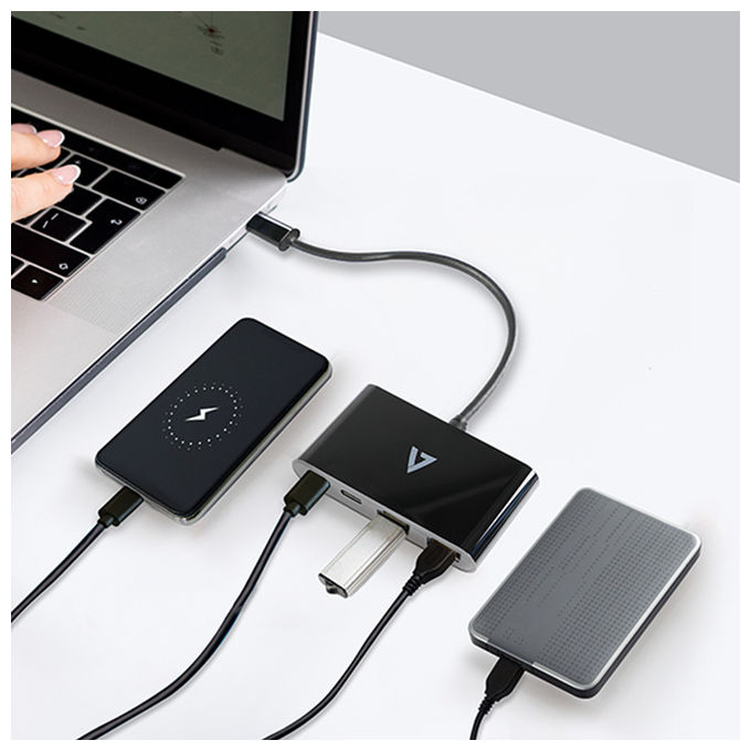 V7, Hub USB-C, Maschio a 2x USB-A, 2x USB-C Femmina, USB 3.2 Gen 1 5Gbps, Nero