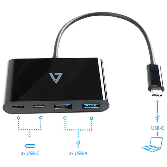 V7, Hub USB-C, Maschio a 2x USB-A, 2x USB-C Femmina, USB 3.2 Gen 1 5Gbps, Nero