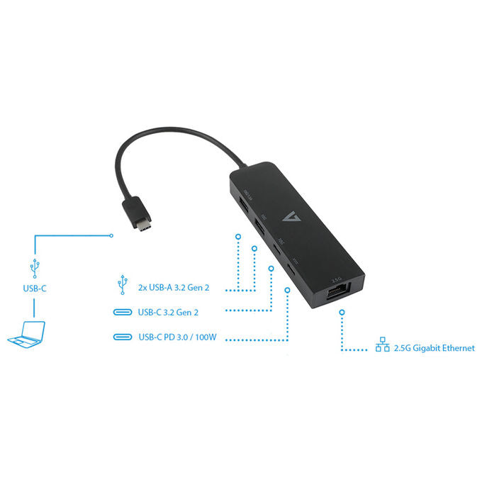 V7, Adattatore Usb-C, Ethernet 2.5G, Usb A, Usb-C, Rj45, Nero