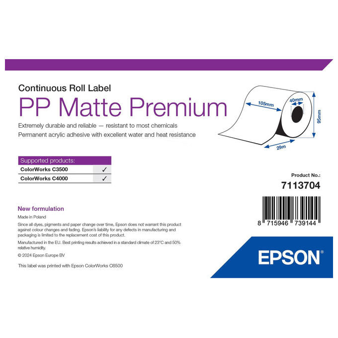 Epson Etichetta per Stampante, 10.5 cm x 29 m, Autoadesiva Bianca