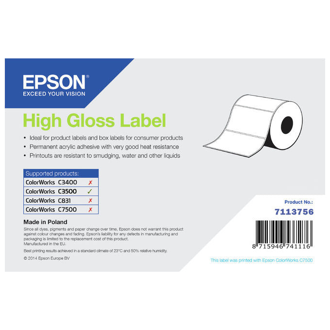 Epson High Gloss Label, Etichetta Autoadesiva Lucida, 76 mm x 51 mm, Rotolo