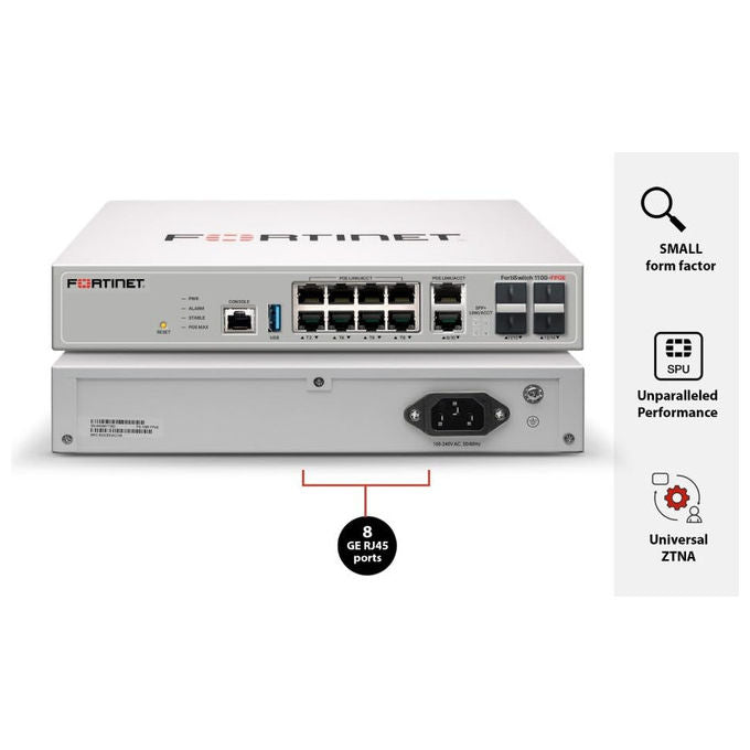 Fortinet, Switch Gigabit PoE+, 8 Porte, 2 Porte SFP, Gestito, FS-110G-FPOE