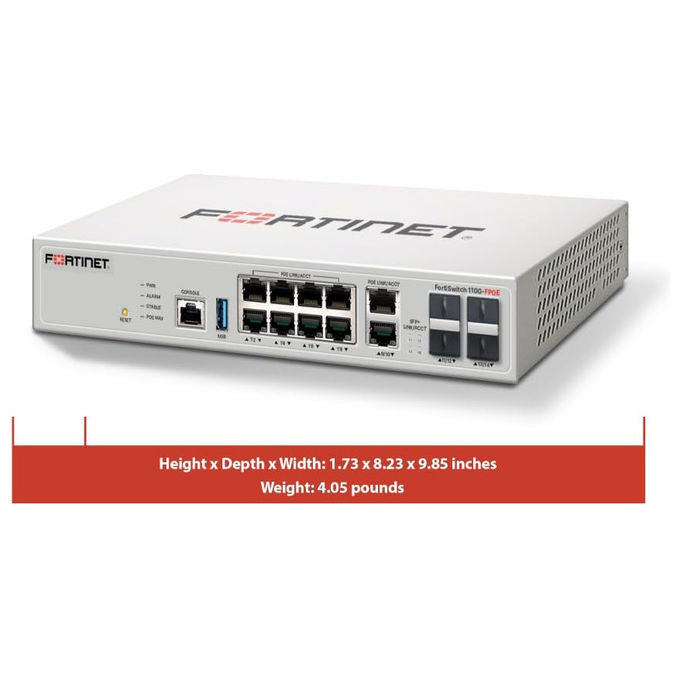 Fortinet, Switch Gigabit PoE+, 8 Porte, 2 Porte SFP, Gestito, FS-110G-FPOE