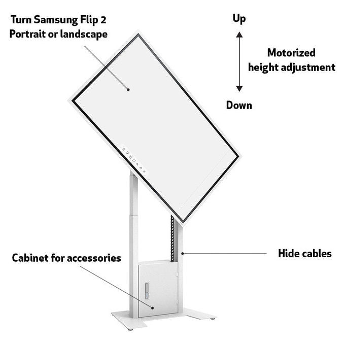 Multibrackets, Supporto TV motorizzato da pavimento, Flip 2 con armadio e supporto per telecamera, 120kg, Bianco