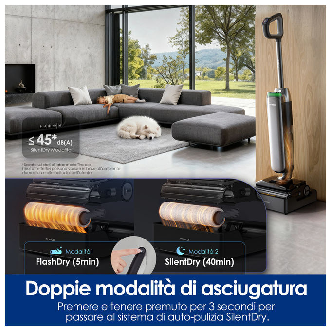 Tineco CQ42380 Floor One S9 Artist Steam Pro Aspirapolvere Verticale 3in1 Senza Sacchetto Batteria 90 min HyperSteam 160°C 22 kPa colore Nero Argento