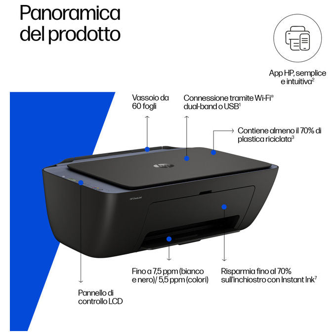 HP A24HWB DeskJet 2921 Stampante Multifunzione Inkjet All-in-One Stampa Copia Scansione Wi-Fi 4800x1200 DPI colore Grigio